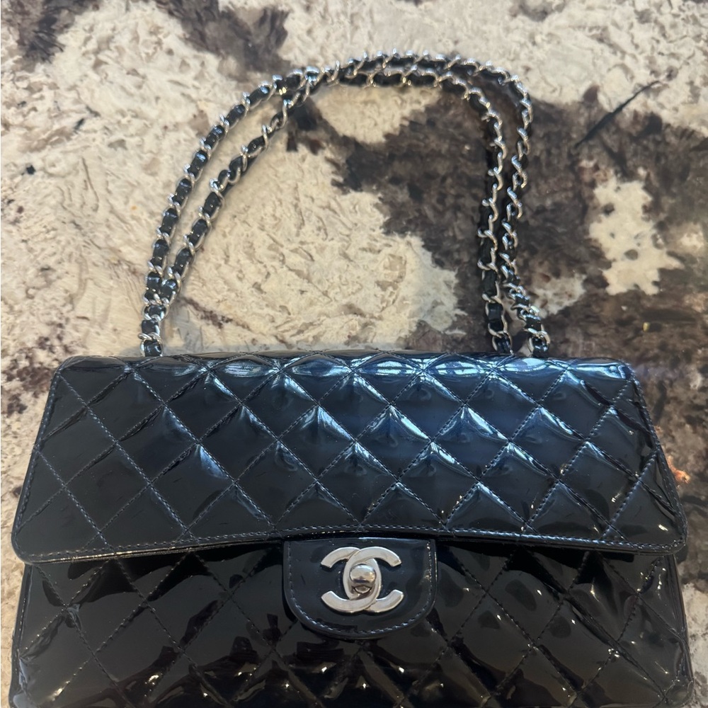 *Sold* Authentic Chanel Medium Patent Black Quilted Leather Bag with Silver